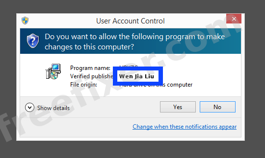 Screenshot where Wen Jia Liu appears as the verified publisher in the UAC dialog